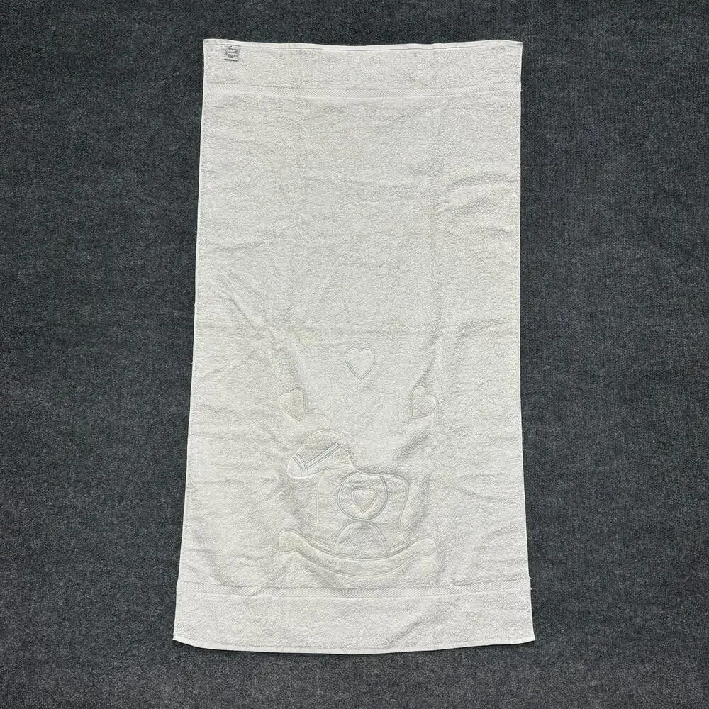 Cannon Bath Towel White Rocking Horse Hearts Baby Nursery Embroidered 26x49 USA